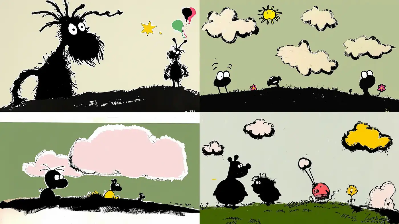 Whimsical and Playful Illustrative Style with Silhouetted Characters - Midjourney sref style