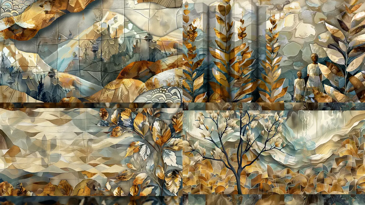 Geometric Forest Variations with Earthy Tones and Cubist Textures - Midjourney sref style