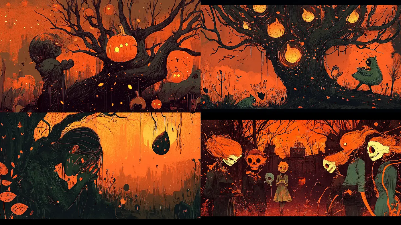 Ethereal Autumnal Twilight: A Harmonious Dance of Warm Hues and Eerie Whimsy - Midjourney sref style