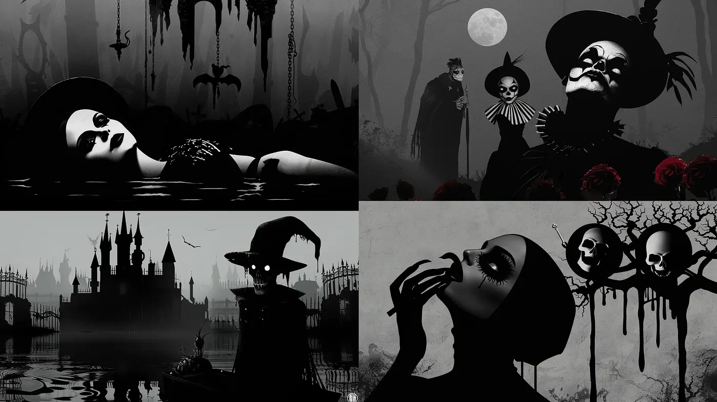 Gothic Reverie in Monochrome: A Noir Elegance of Macabre Themes and Victorian Shadows - Midjourney sref style