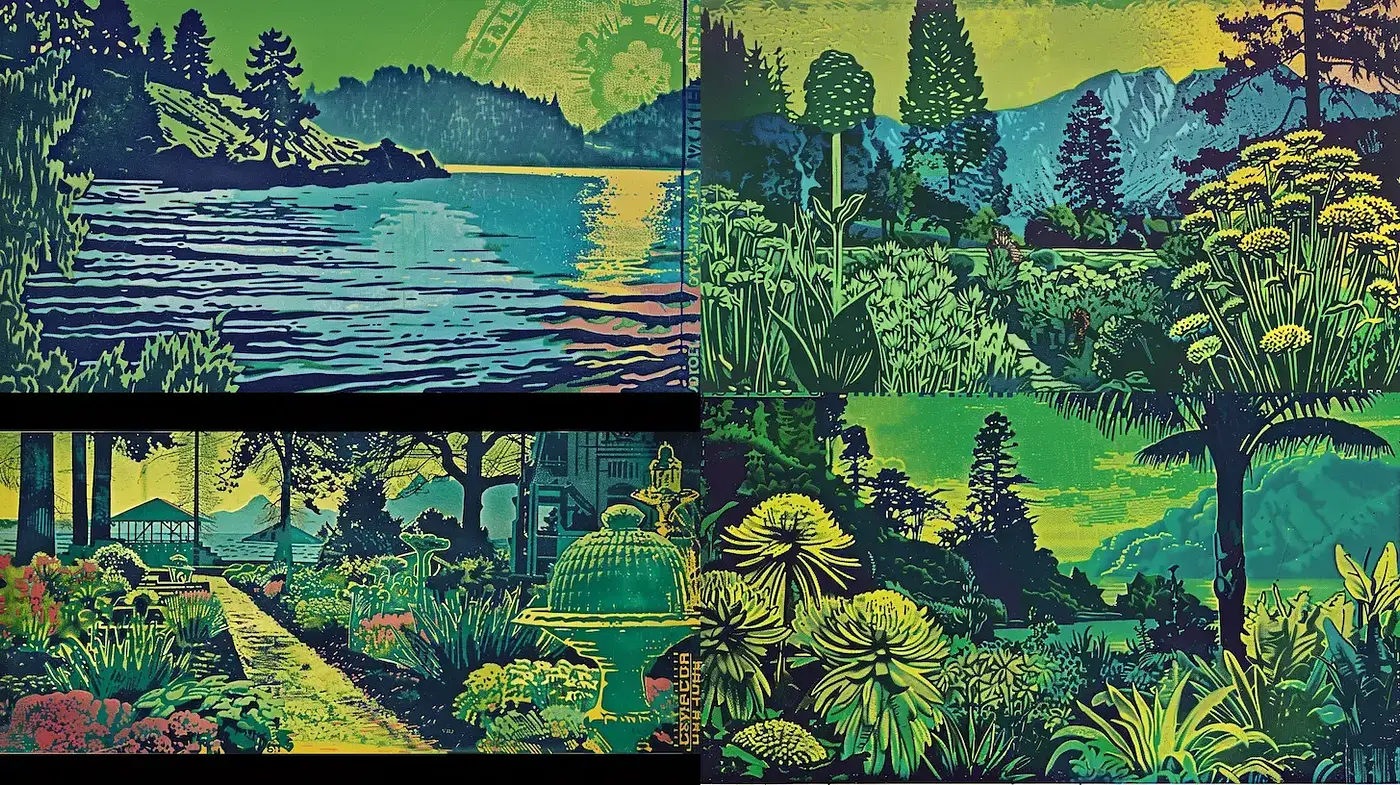 Vibrant and Lush Botanical Landscapes with Retro Vibes - Midjourney sref style