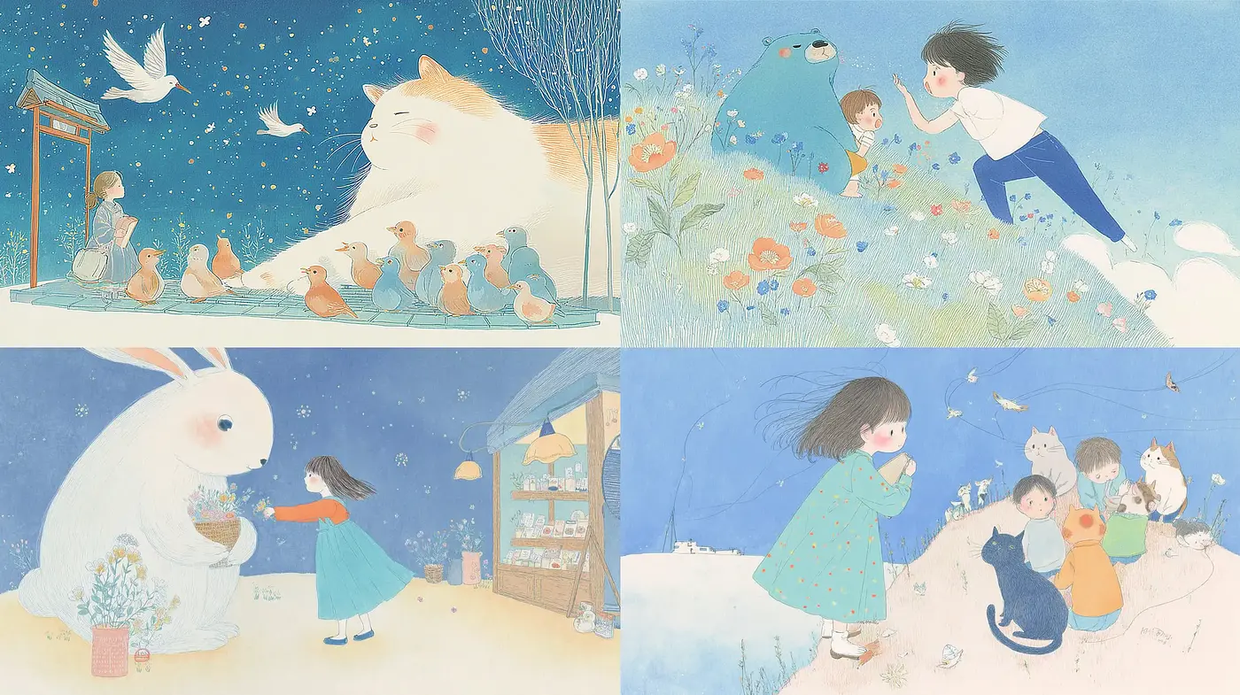 Whimsical and Playful Illustrations with Soothing Imagery - Midjourney sref style