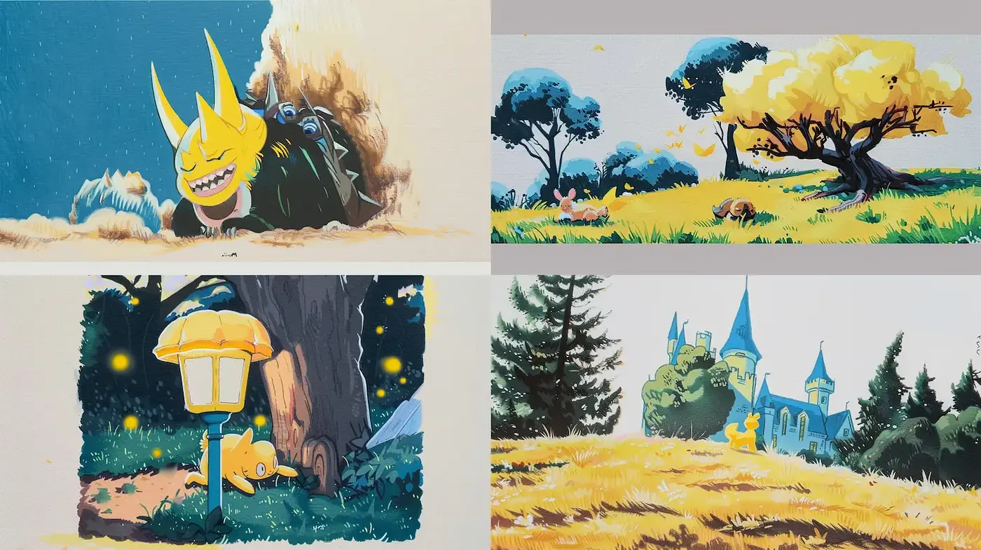 Whimsical landscapes with playful, cartoonish elements - Midjourney sref style