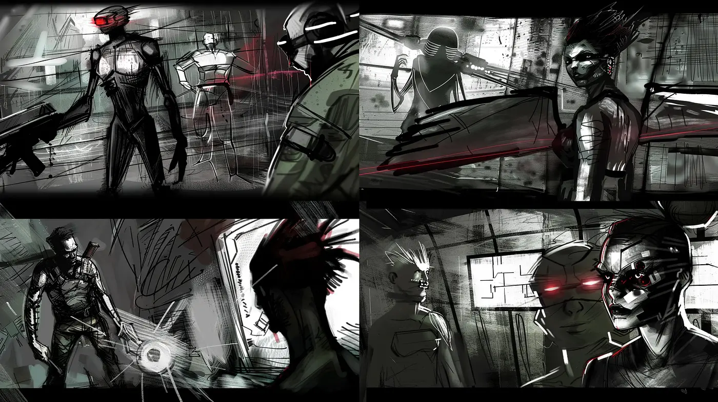 Futuristic Dystopian Sketches with a Cyberpunk Essence - Midjourney sref style