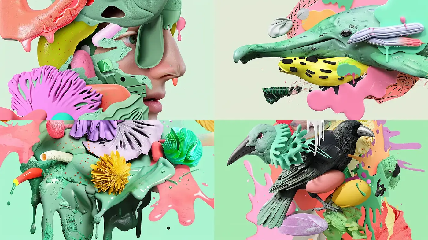 Whimsical Fusion of Organic Forms and Bold Colors in Surrealistic Artwork - Midjourney sref style