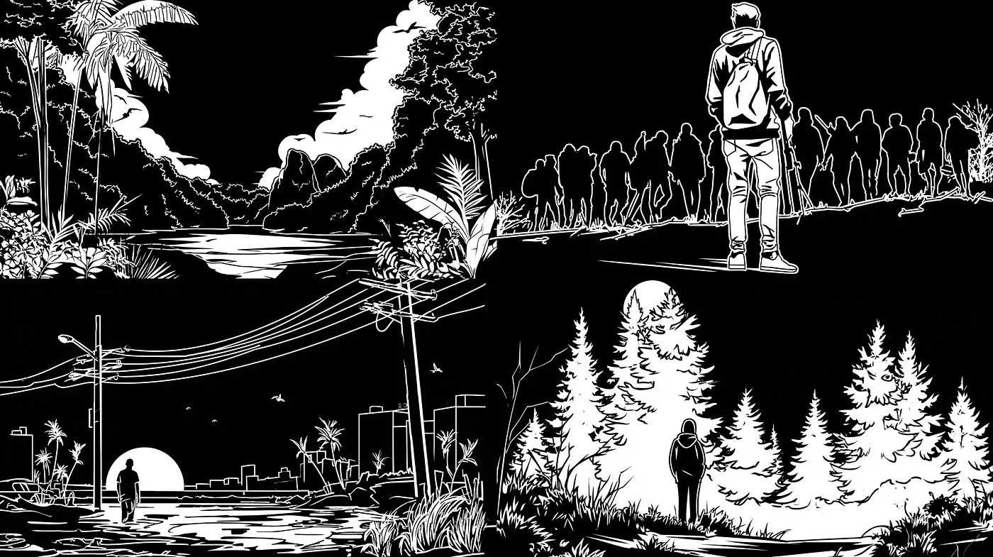 Explorative Black and White Landscape with Dramatic Figures and Elements - Midjourney sref style