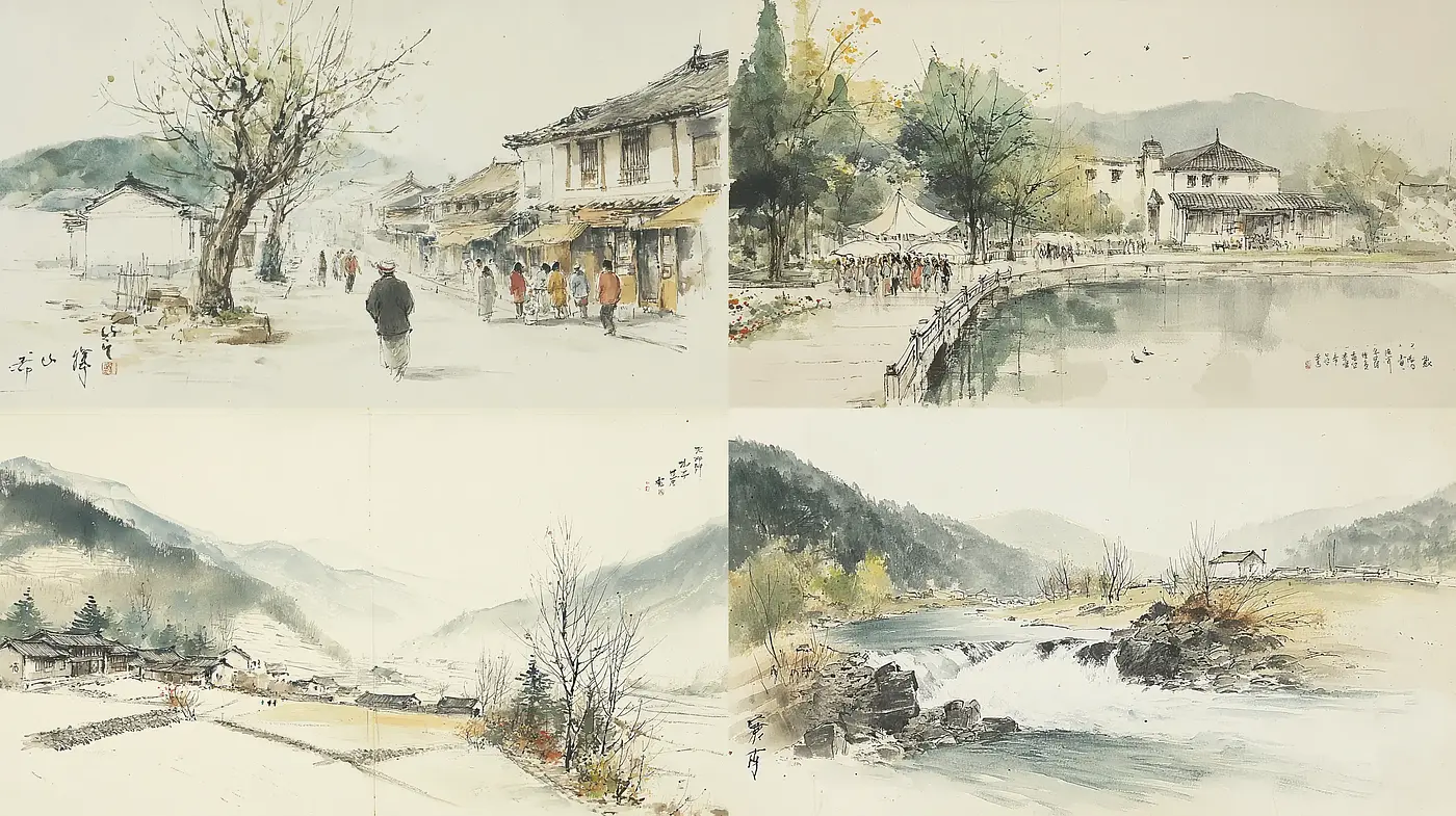 Serene Watercolor Landscapes with a Touch of Traditional Aesthetics - Midjourney sref style
