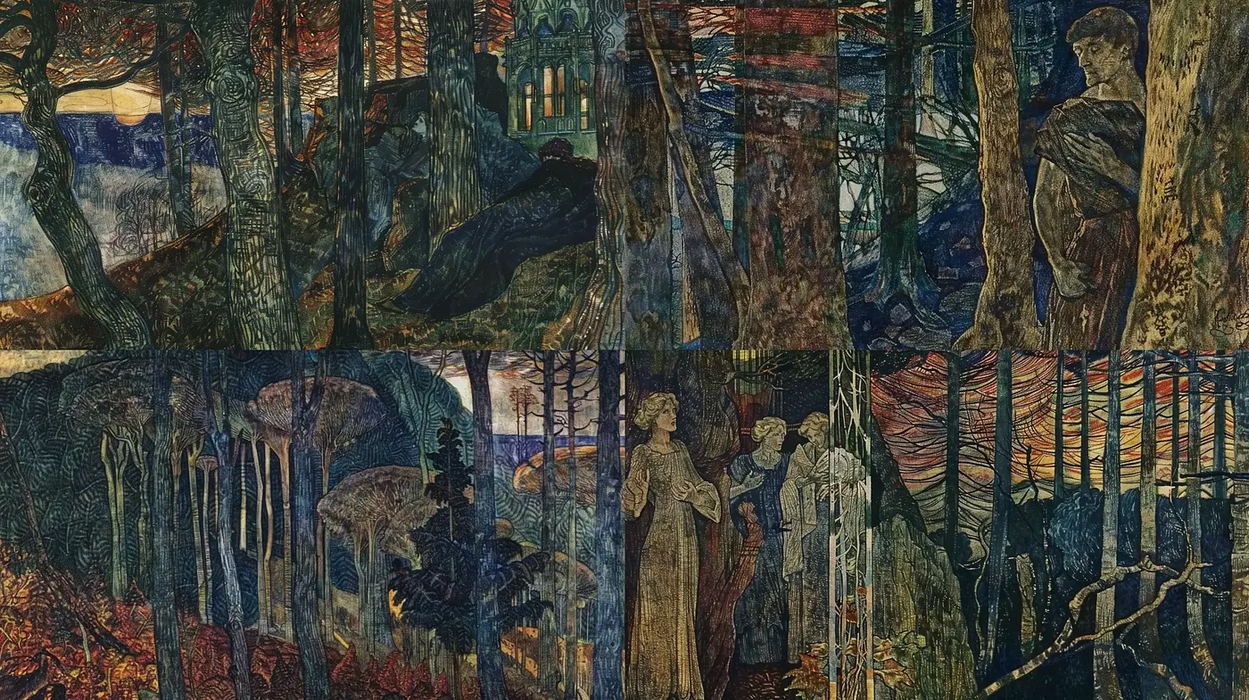 Mystical Nocturnal Dreamscape in Stylized Woodcut Aesthetics - Midjourney sref style