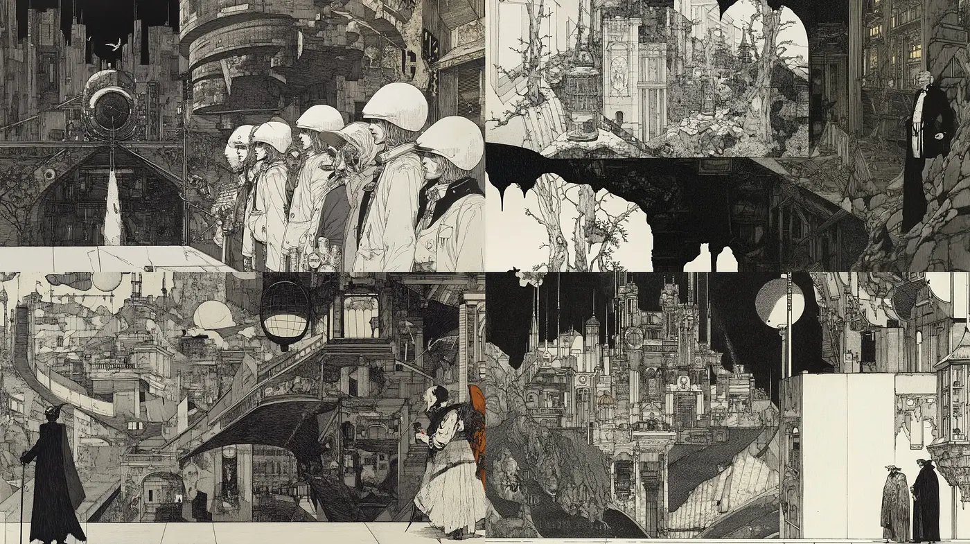 Monochromatic Steampunk Dreamscape Fusion - Midjourney sref style