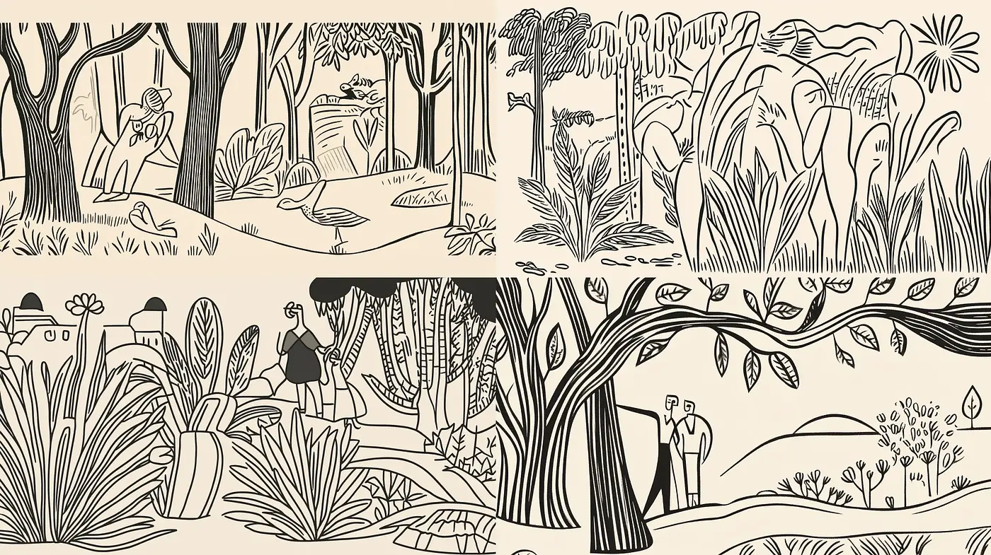 Sepia-Toned Monochromatic Nature Illustrations - Midjourney sref style