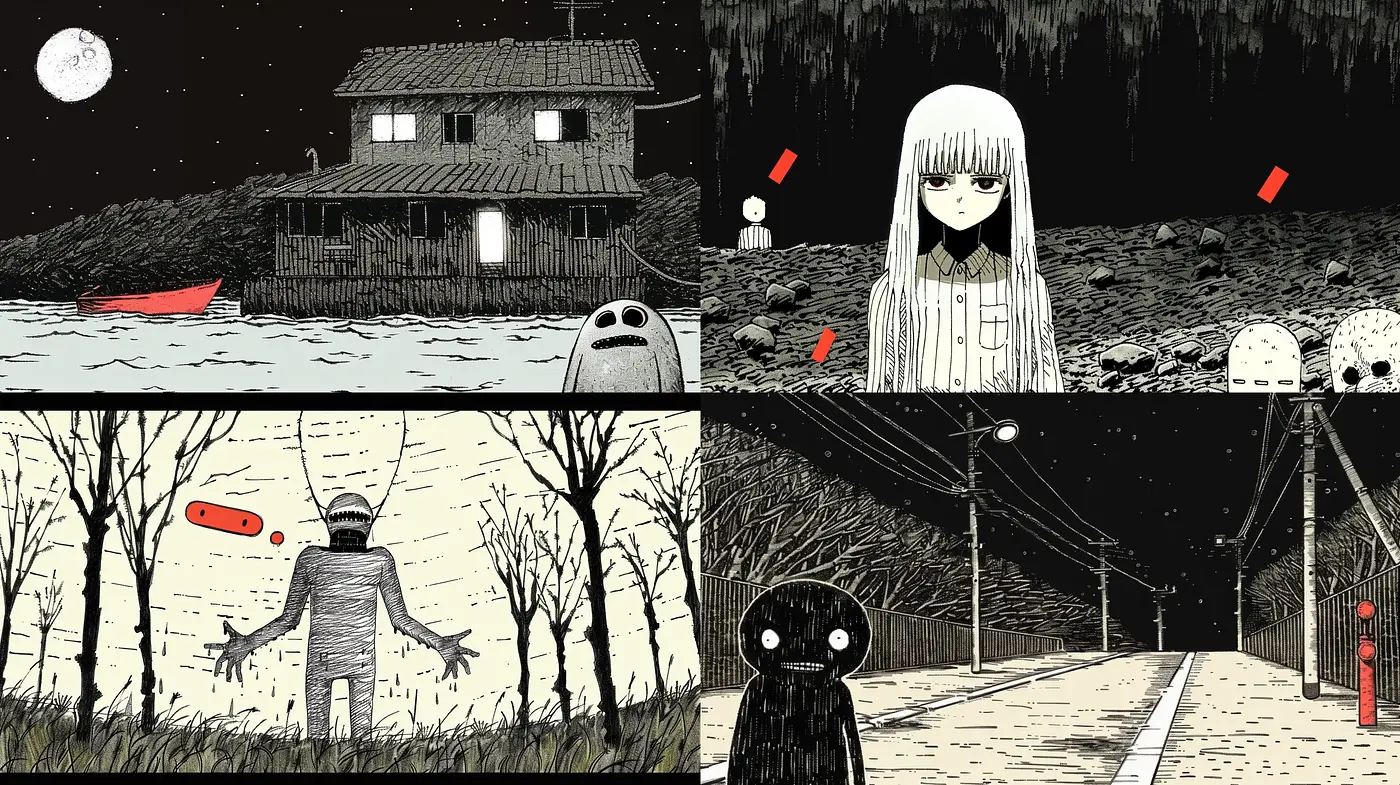 Whimsical Noir Graphic Panels with Surreal Touch - Midjourney sref style