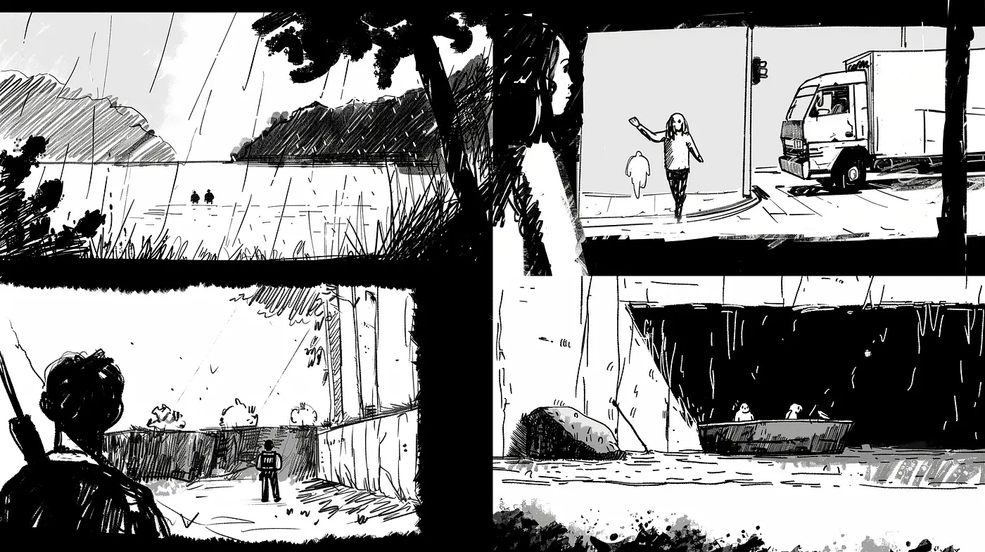 Monochromatic Sketchbook: Evoking Raw Emotions through Stark Noir Etchings - Midjourney sref style