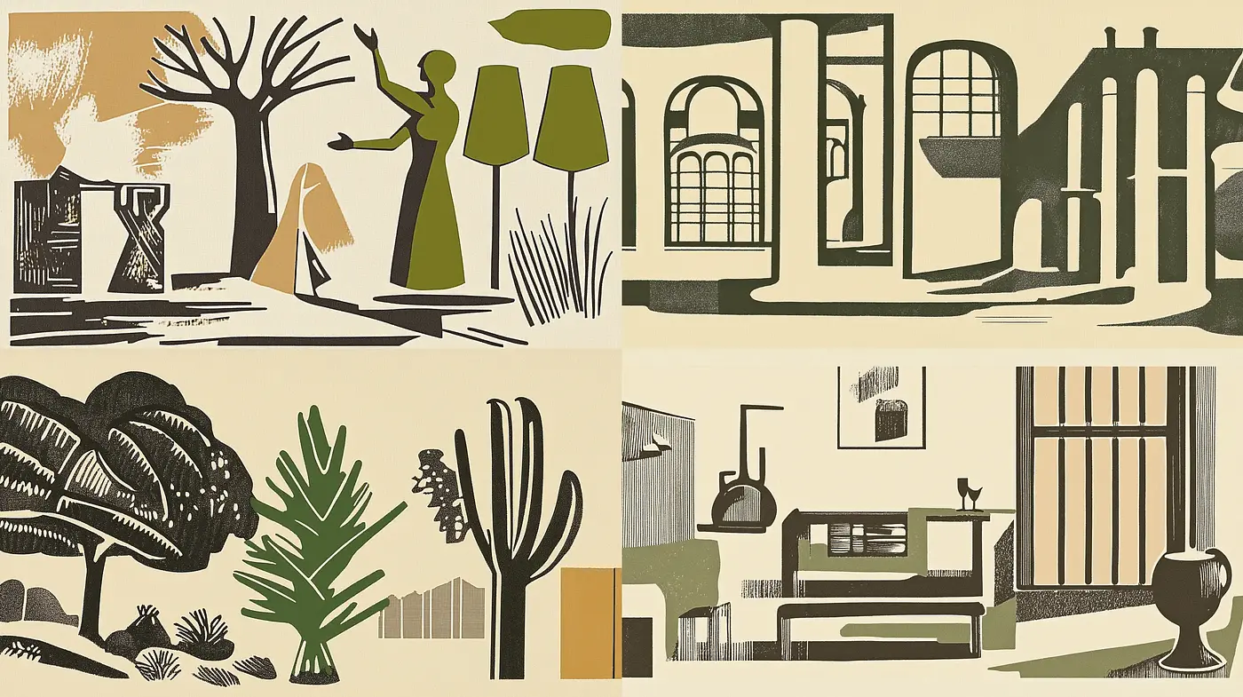 Modernist Mid-Century Graphic Illustration Homage - Midjourney sref style