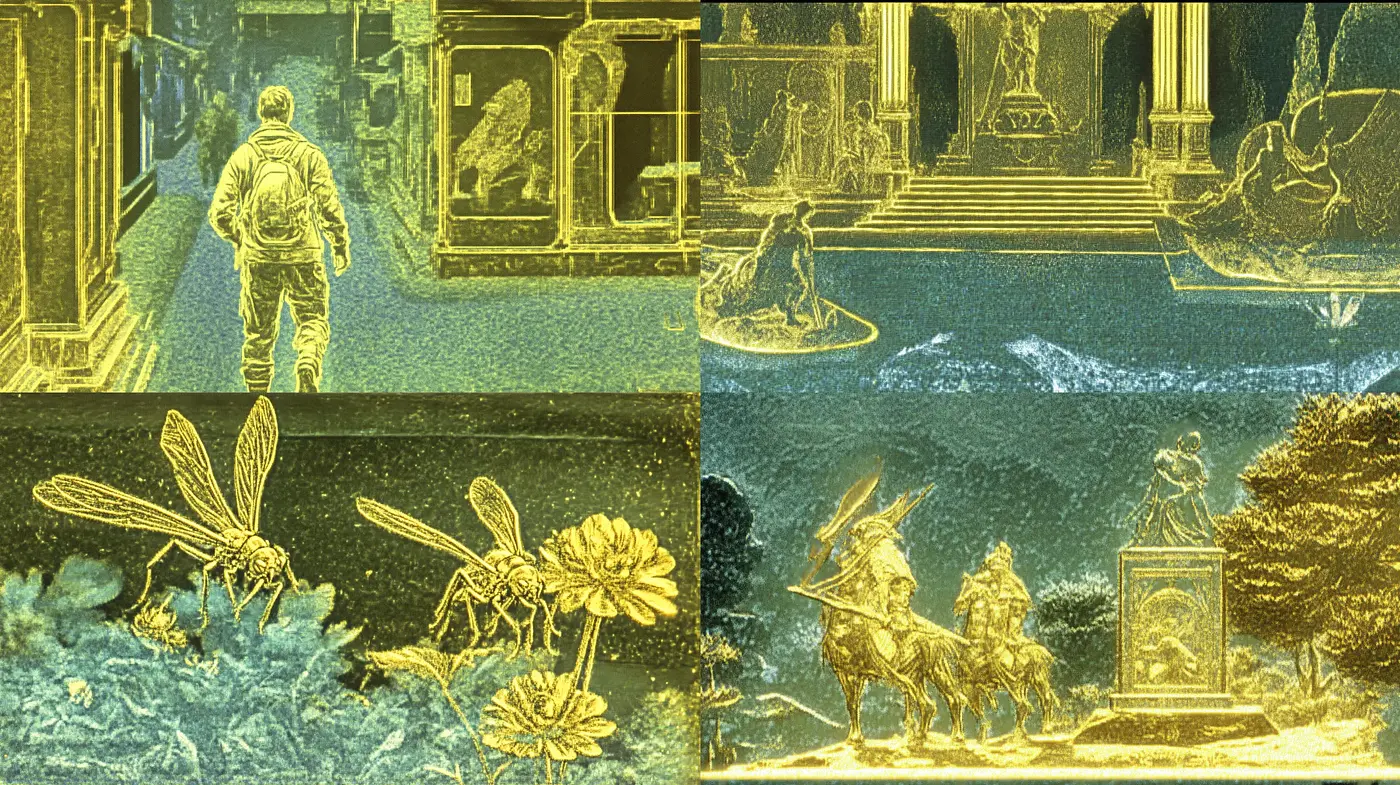 Ethereal Gilded Dreamscape: A Fusion of Ultramarine and Gold Engravings - Midjourney sref style