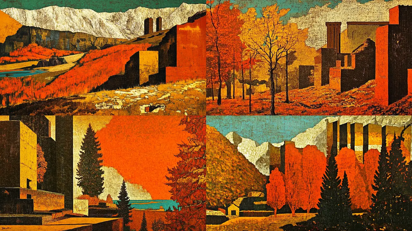 Autumnal Tapestry: Warm Hues and Stylized Textures in an Idyllic Retro Landscape - Midjourney sref style