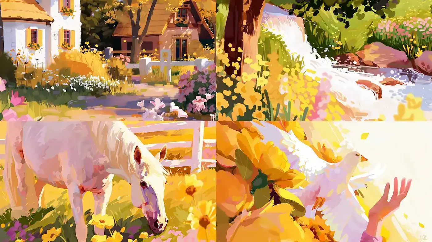 Lush pastoral composition with vibrant floral elements and serene wildlife - Midjourney sref style