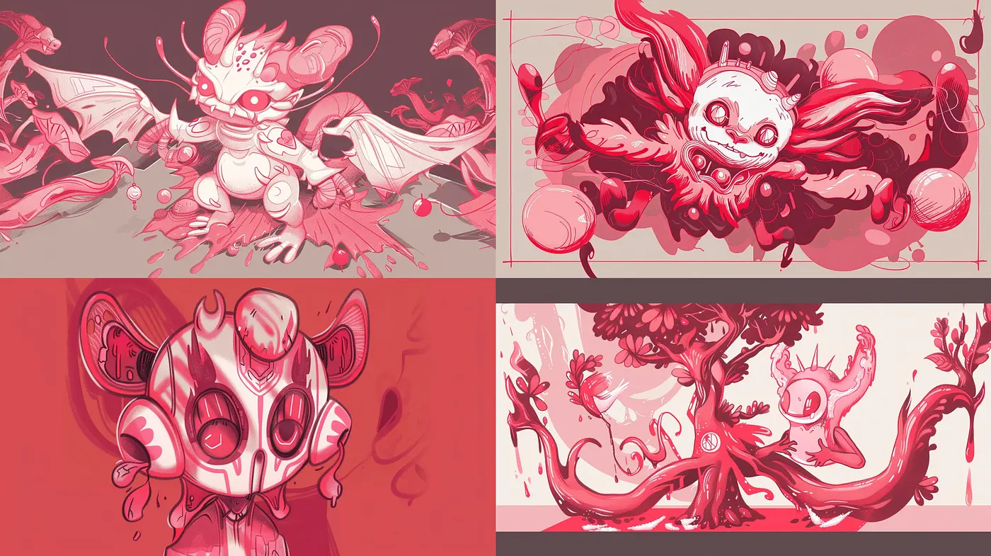 Monochromatic Dreamscape: A Medley of Crimson Shades with Surreal Influences and Fluid Forms - Midjourney sref style