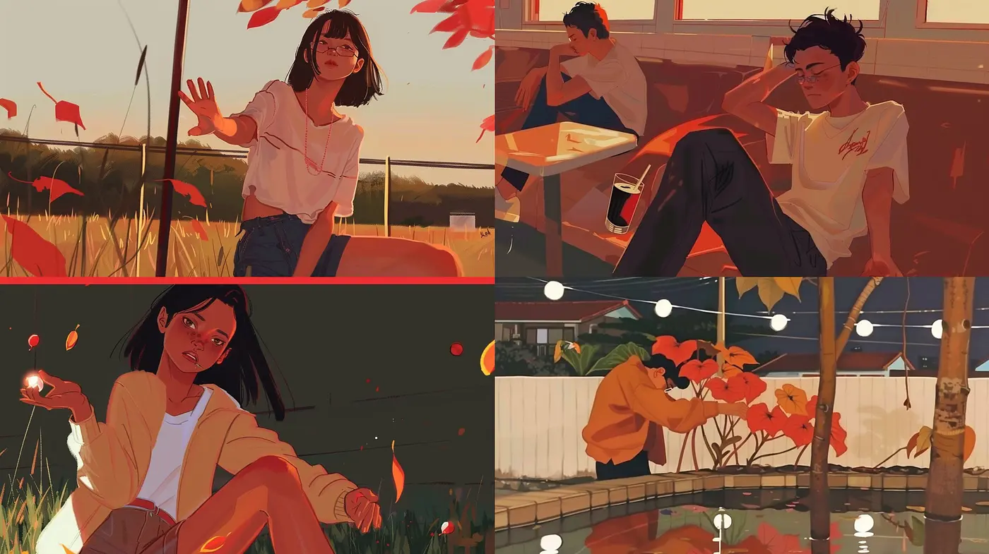 Warm Hues & Softened Edges: A Contemporary Digital Brushwork Ensemble - Midjourney sref style