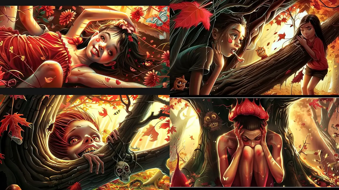 Enchanted Autumn Tales: A Lively Fusion of Warm Tones and Surreal Storytelling - Midjourney sref style