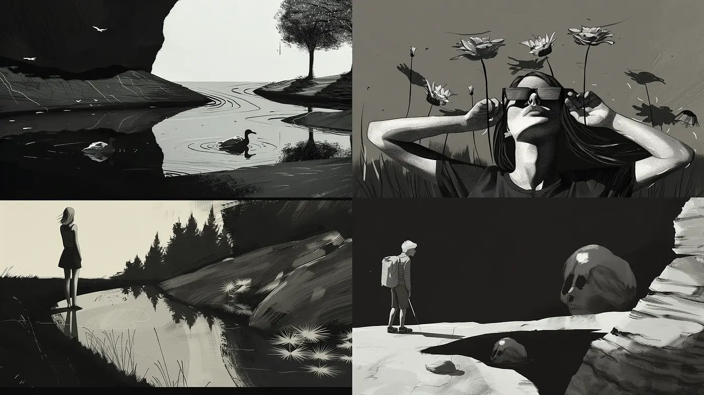 Monochromatic Serenity Through Natural and Contemplative Scenes - Midjourney sref style
