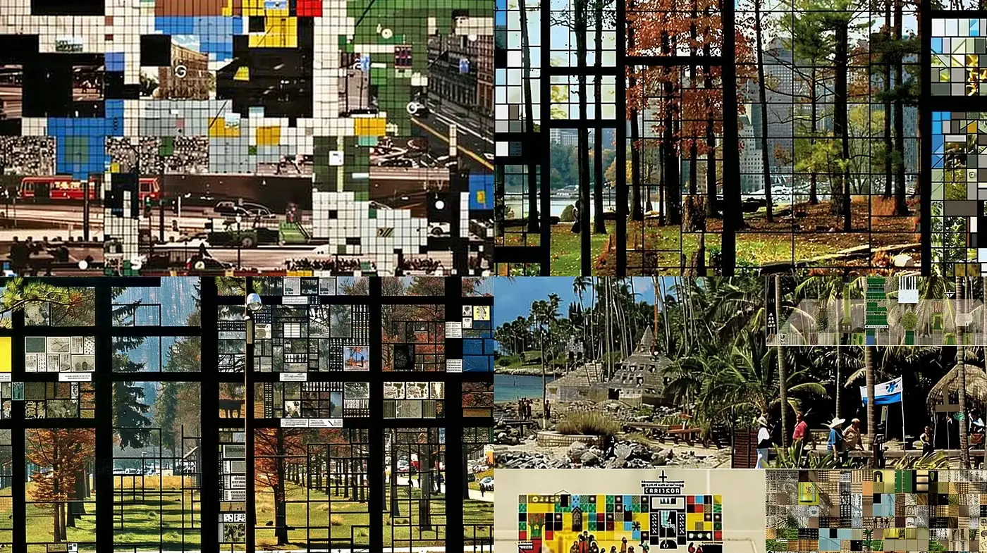 Pixelated Mosaic Panorama: A Fusion of Digital Artistry and Scenic Collage - Midjourney sref style
