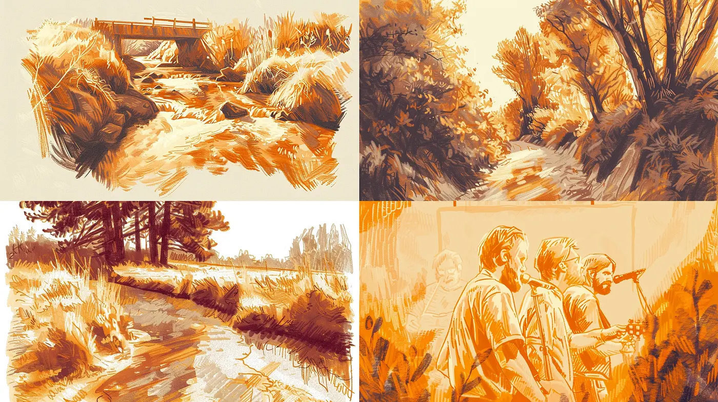 Sepia-Toned Sketched Nature and Human Encounters - Midjourney sref style