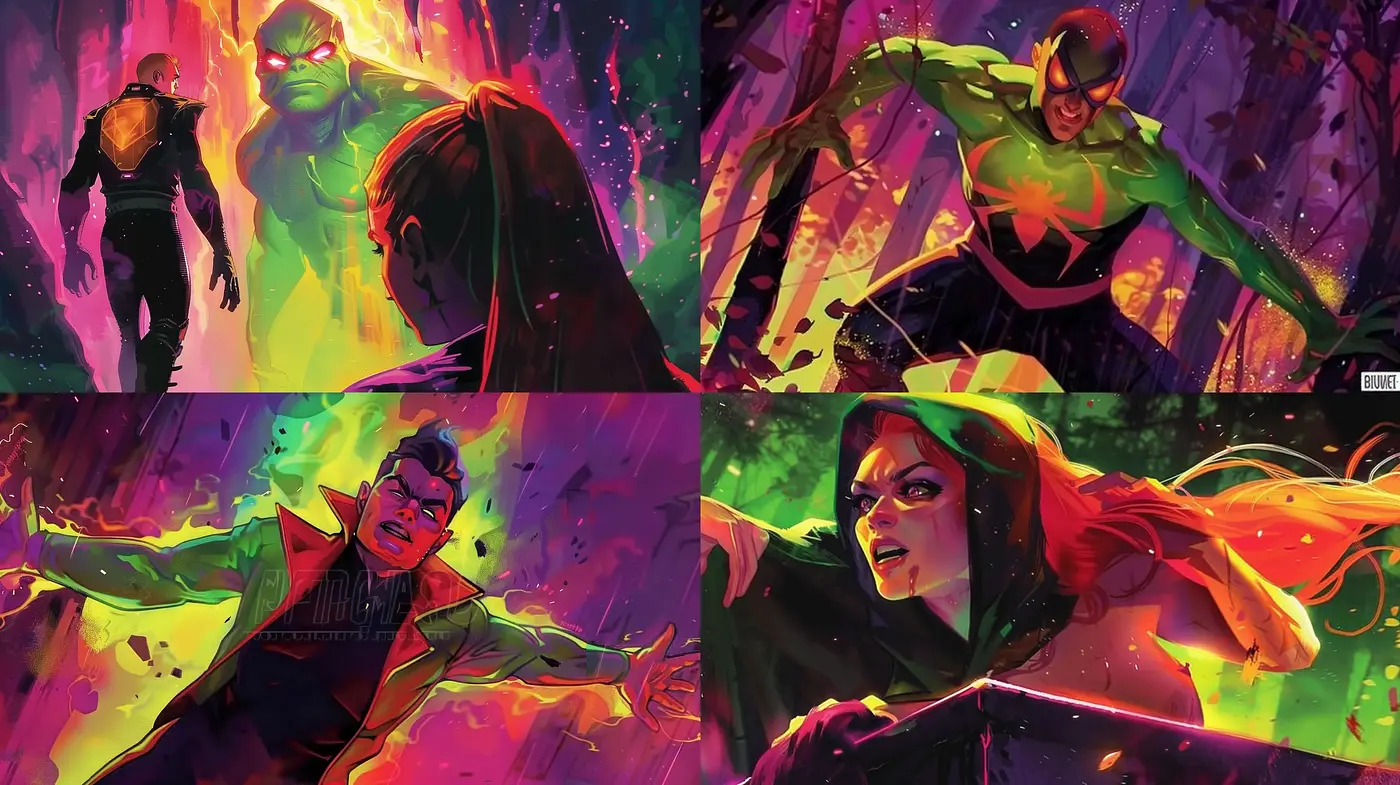 Dynamic Superhero Saga in Vivid Chromatic Fervor - Midjourney sref style