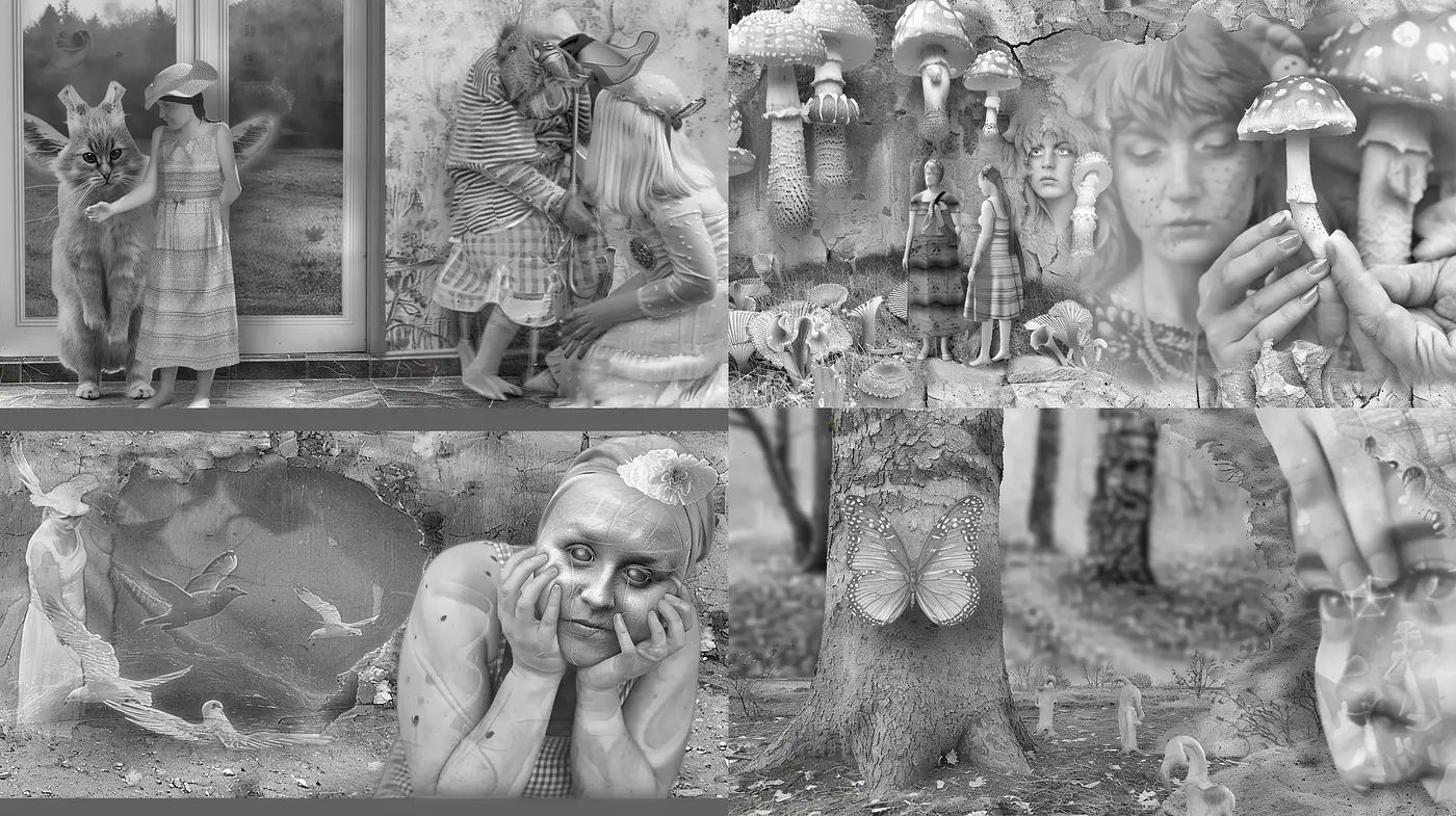 Whimsically Surreal Monochromatic Dreamscape - Midjourney sref style