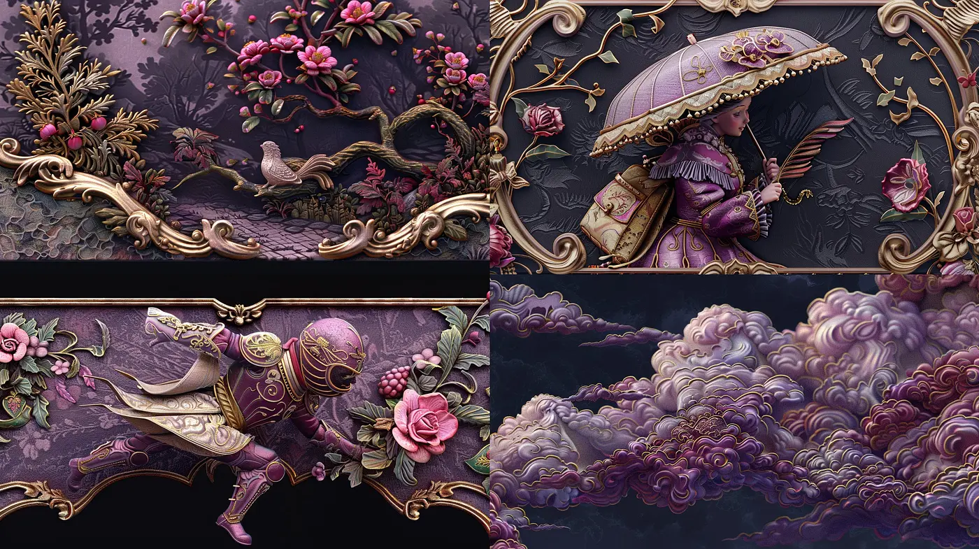 Baroque Reverie: Elaborate Florals and Gilded Accents Adorned in a Moonlit Tapestry - Midjourney sref style