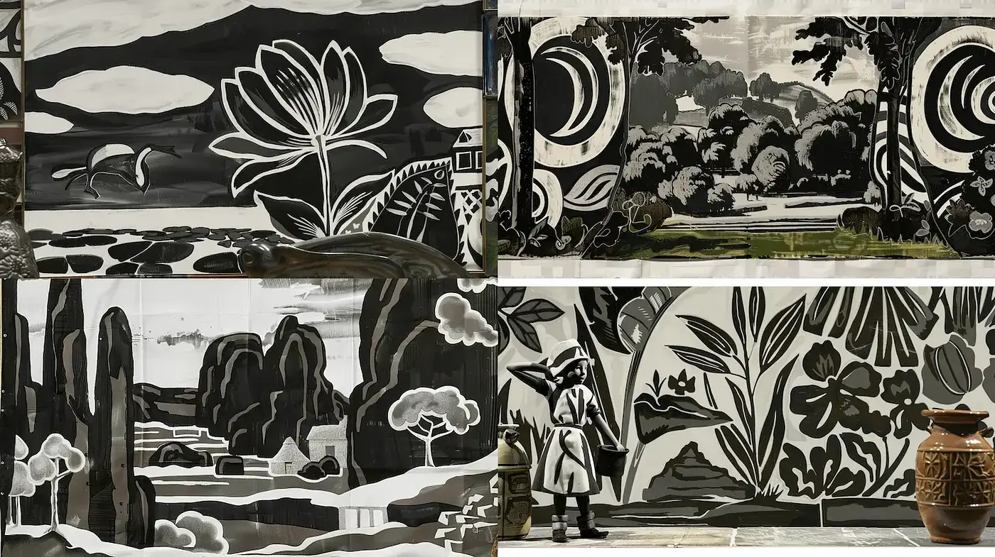 Contrast of Monochrome Elements with Organic Shapes and Textures - Midjourney sref style