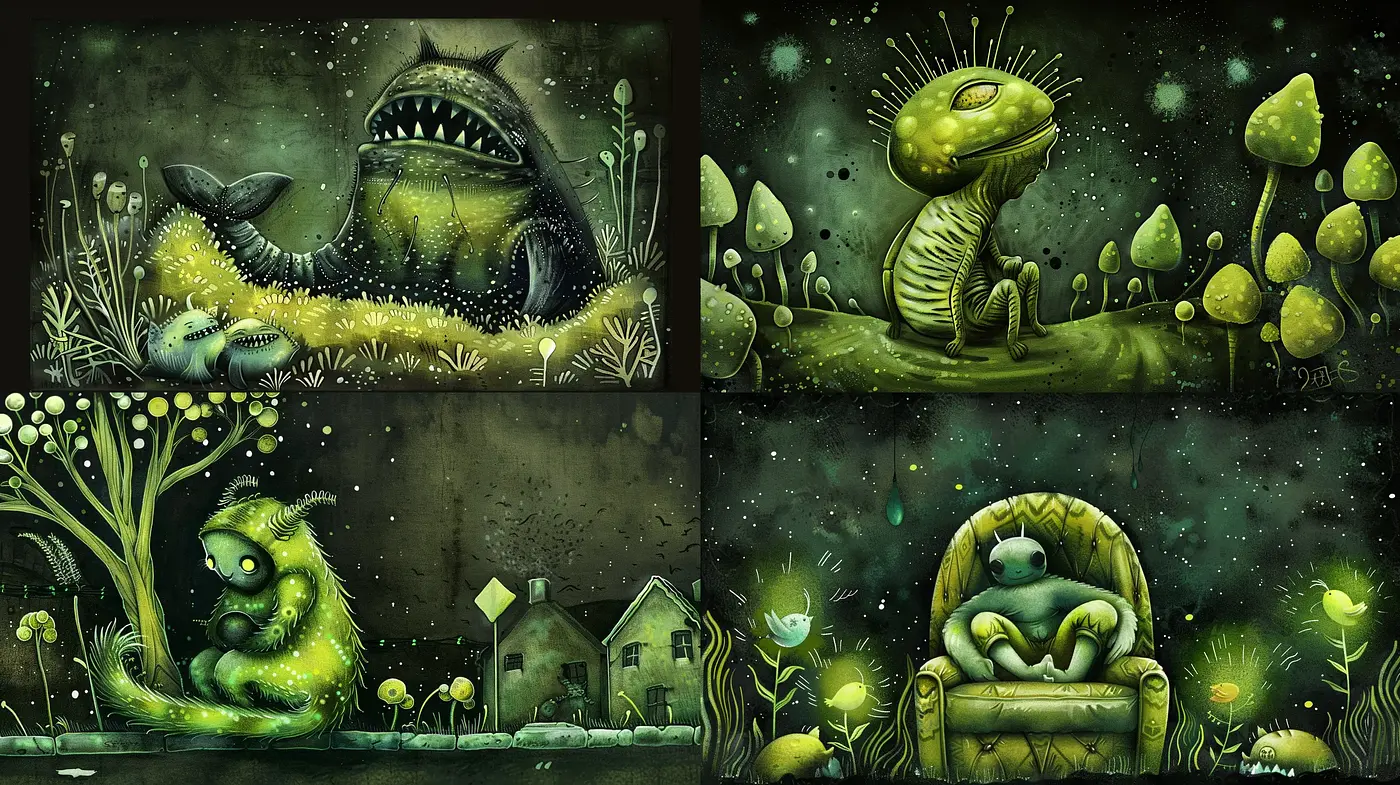 Enigmatic Nocturnal Ecosystems in Stylized Bioluminescent Hues - Midjourney sref style