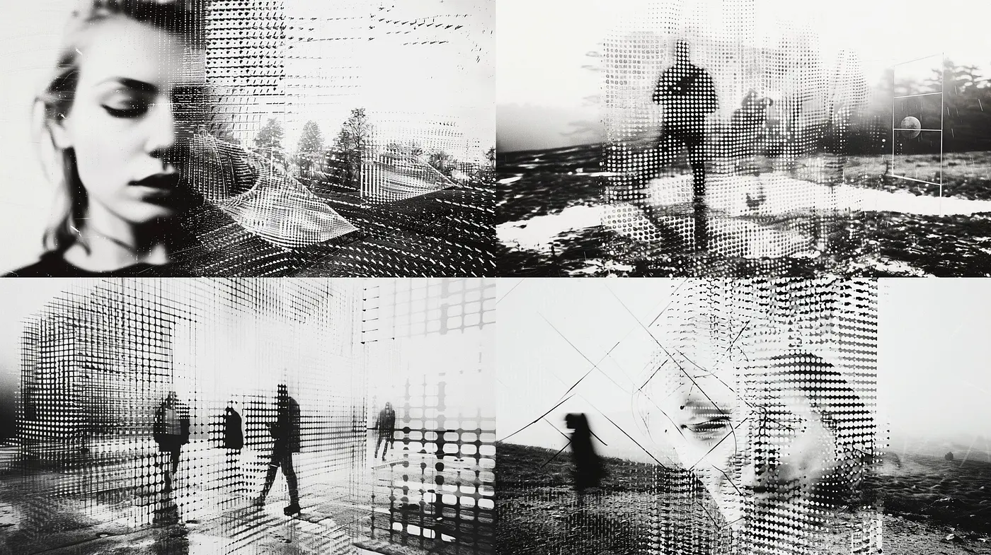 Monochromatic Halftone Dreamscape: An Ethereal Blend of Photographic Realism and Digital Impressionism - Midjourney sref style
