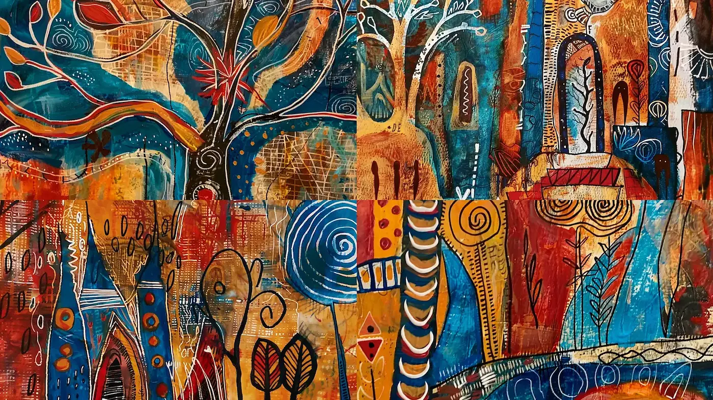 Vibrant and Whimsical Abstract Expressionism with Rustic Earthy Tones - Midjourney sref style