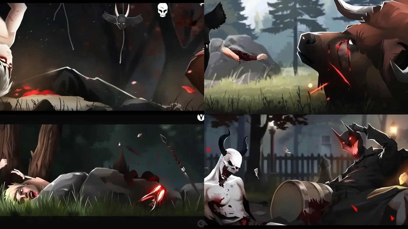 Grim Elegance in Stylized Carnage: A Consistent Theme Across Portrayals of Fantastical Violence - Midjourney sref style