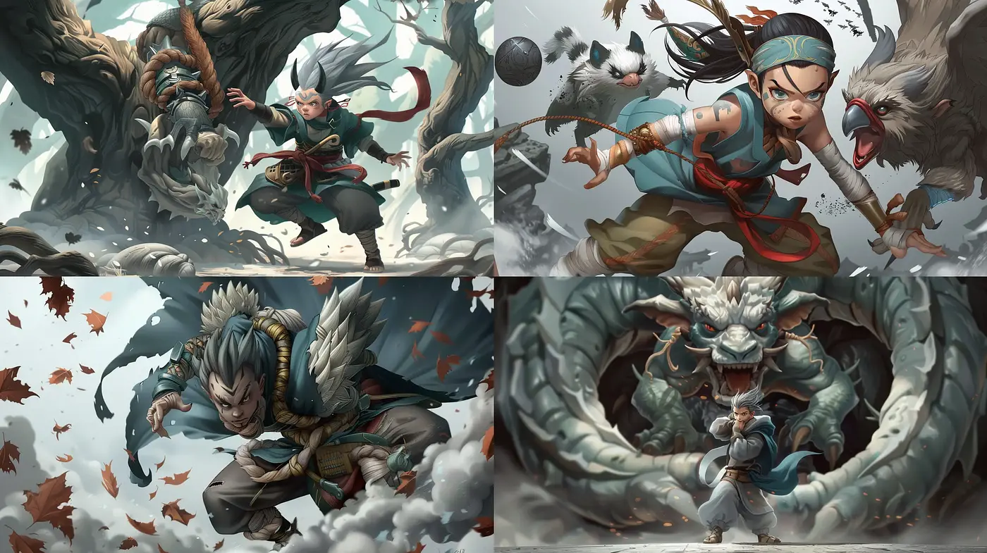 Epic Fantasy Battle with Mythical Creatures and Fierce Warriors - Midjourney sref style