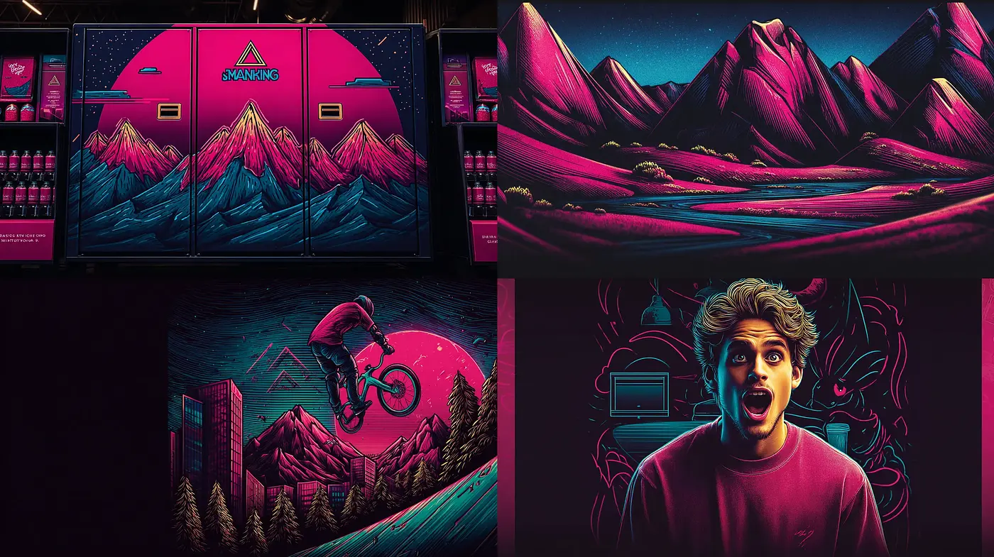 Vibrant and Surreal Neon Landscape with Dynamic Characters - Midjourney sref style