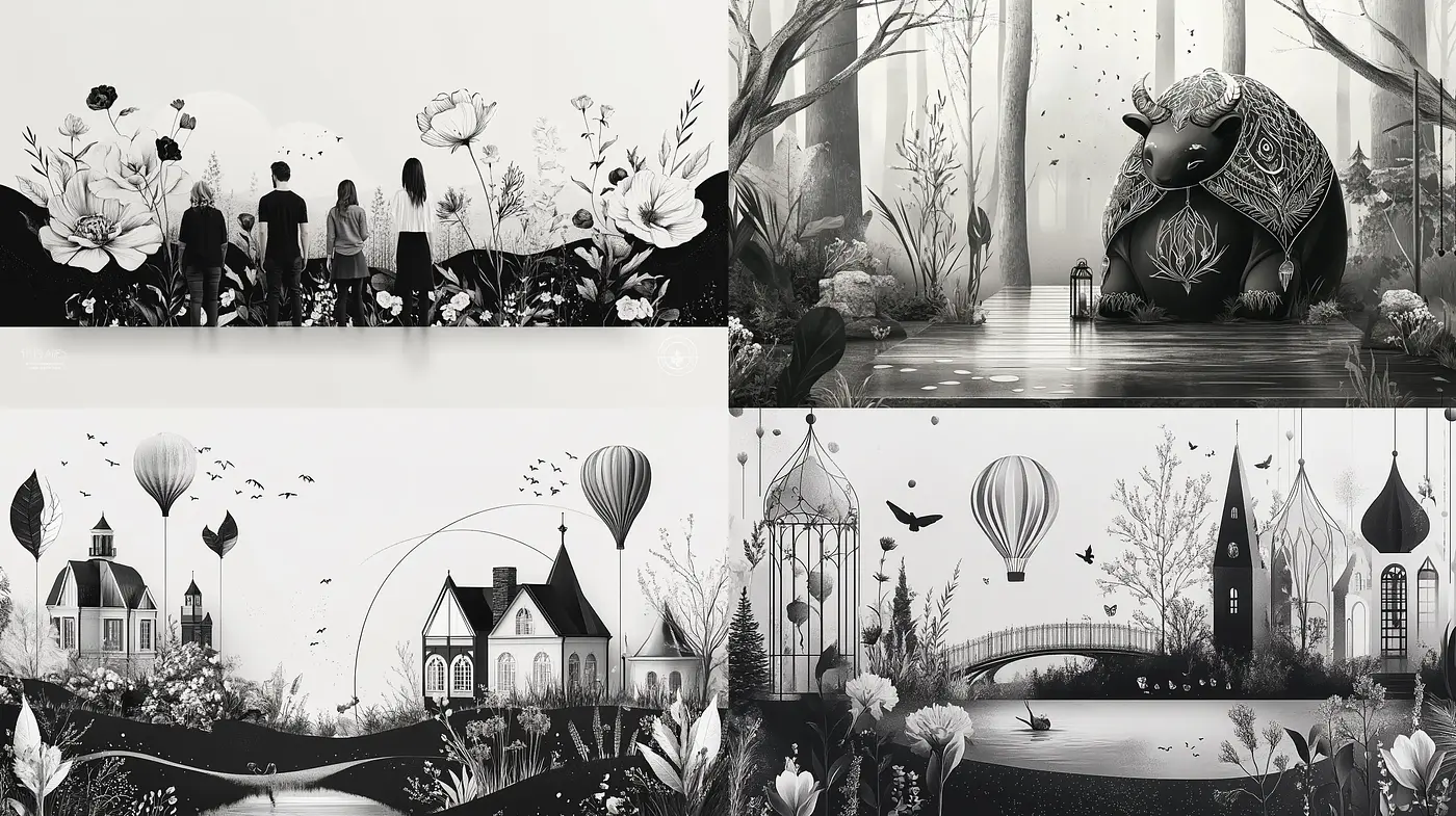 Monochromatic Dreamscape with Surrealist Overtones - Midjourney sref style