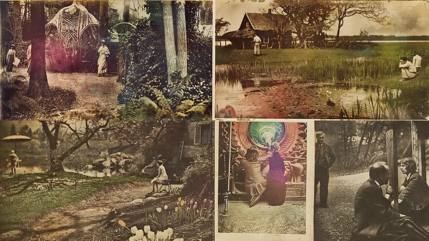 Sepia-Toned Pastoral Dreamscapes with Surrealist Touches - Midjourney sref style
