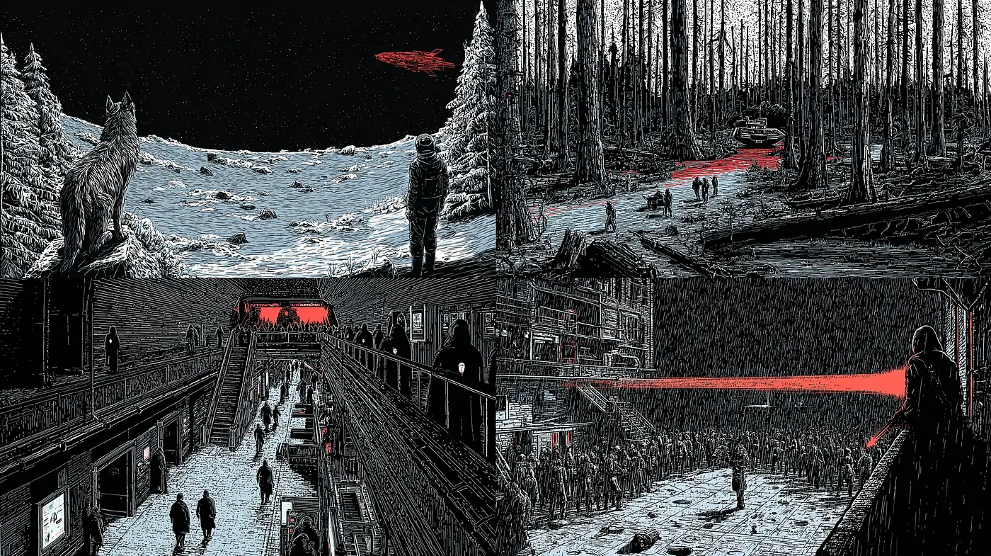 Dramatic and haunting landscapes with a distinct monochromatic style - Midjourney sref style
