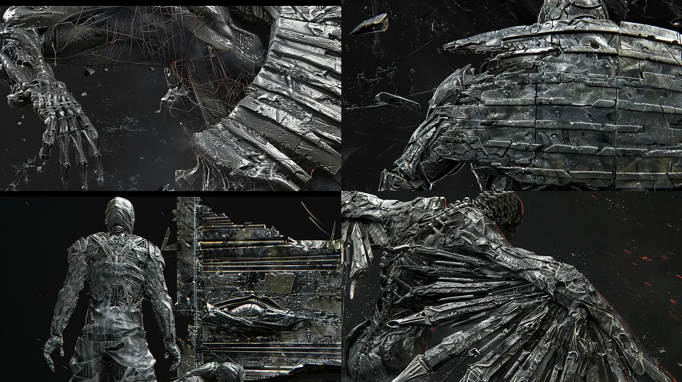 Monochrome Mechanical Mosaic: A Fusion of Dark Futurism and Textural Intricacy - Midjourney sref style