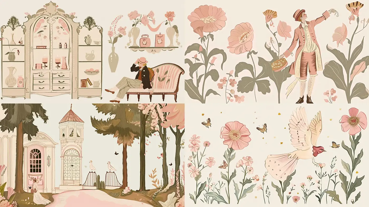 Harmonious Pastel Toile with Whimsical Flora and Fauna - Midjourney sref style
