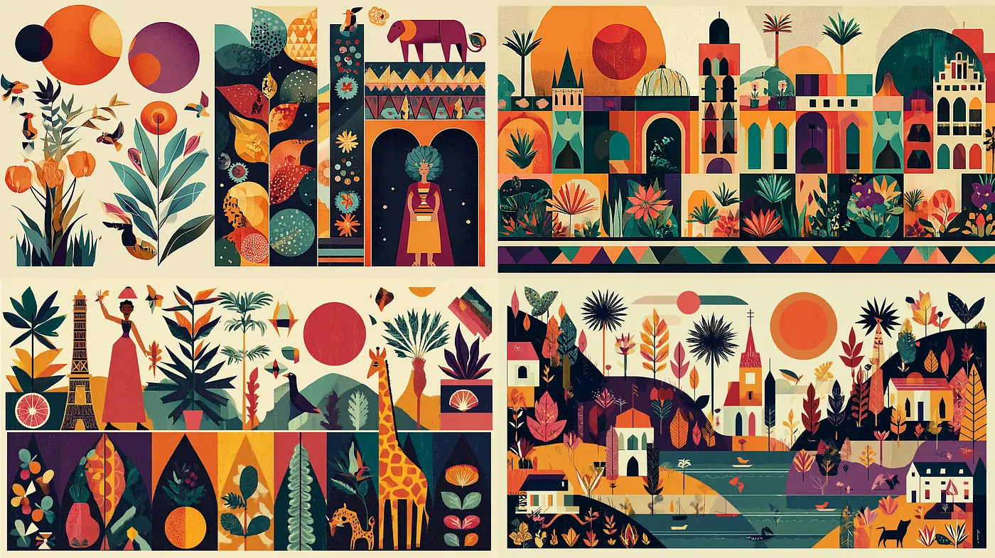 Vibrant Geometric Landscapes with Whimsical Elements - Midjourney sref style
