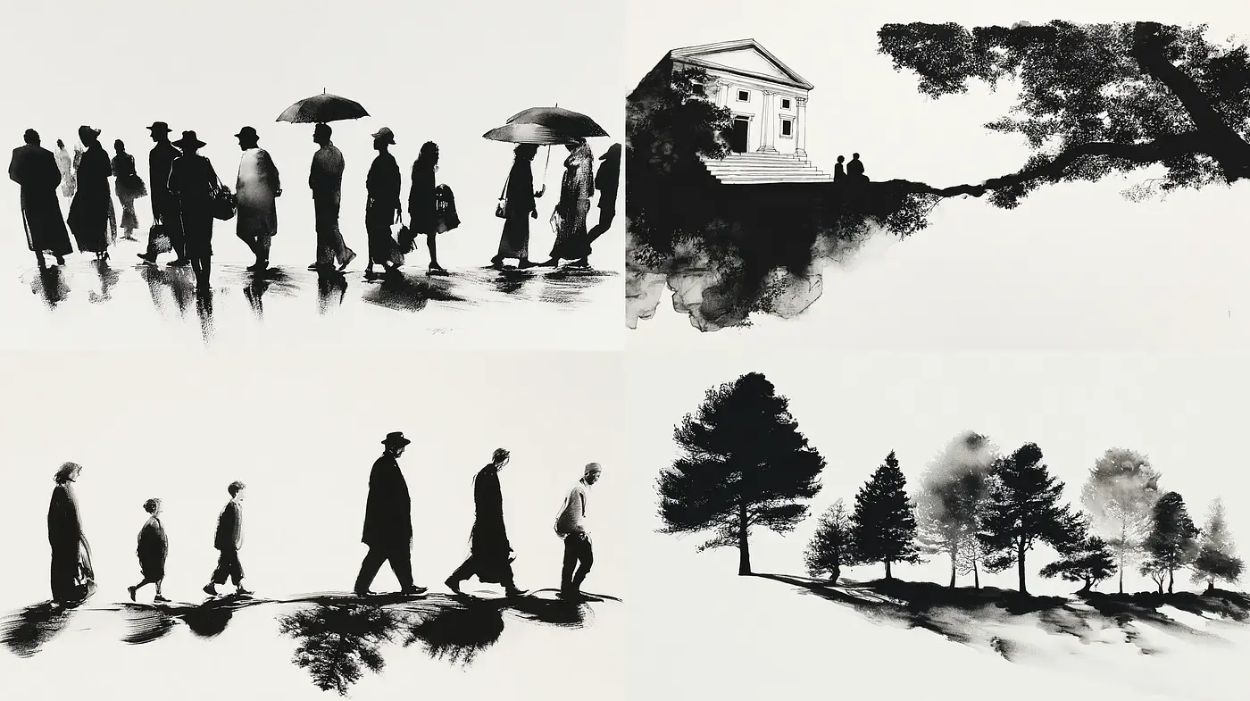Exploration of Monochromatic Urban Life through Traditional Ink Techniques - Midjourney sref style