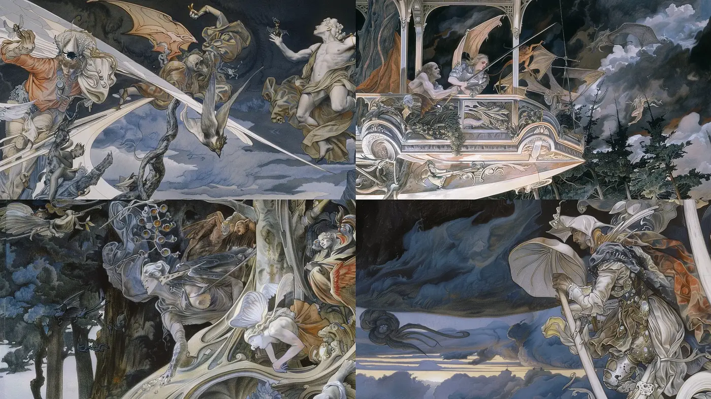 Baroque Elegance and Surrealist Dreams in a Moonlit Symphony - Midjourney sref style