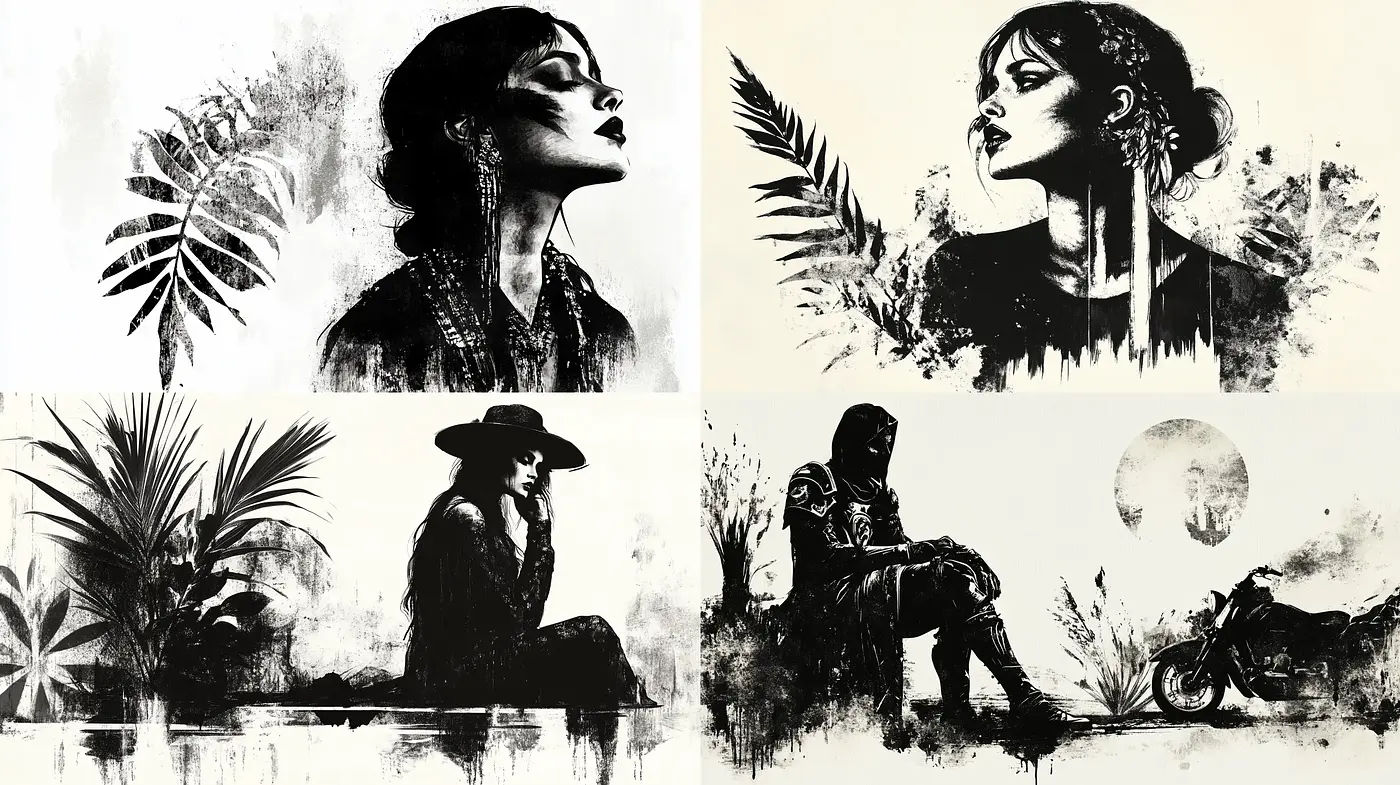 Monochrome Elegance with Textural Brushwork - Midjourney sref style