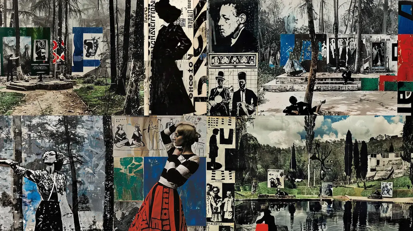 Dynamic Collage with Vintage Aesthetic and Modernistic Elements - Midjourney sref style