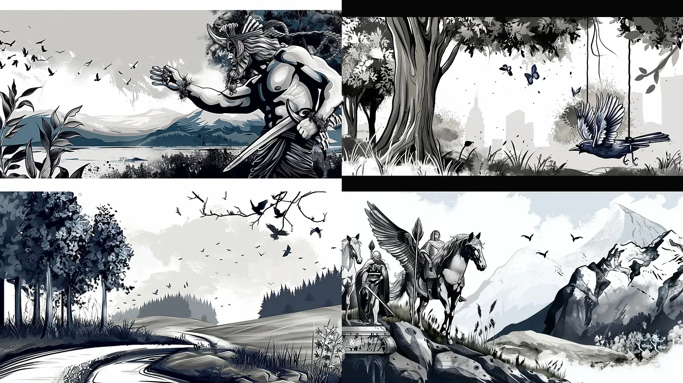 Monochromatic Elegance of Stylized Mythological Echoes - Midjourney sref style