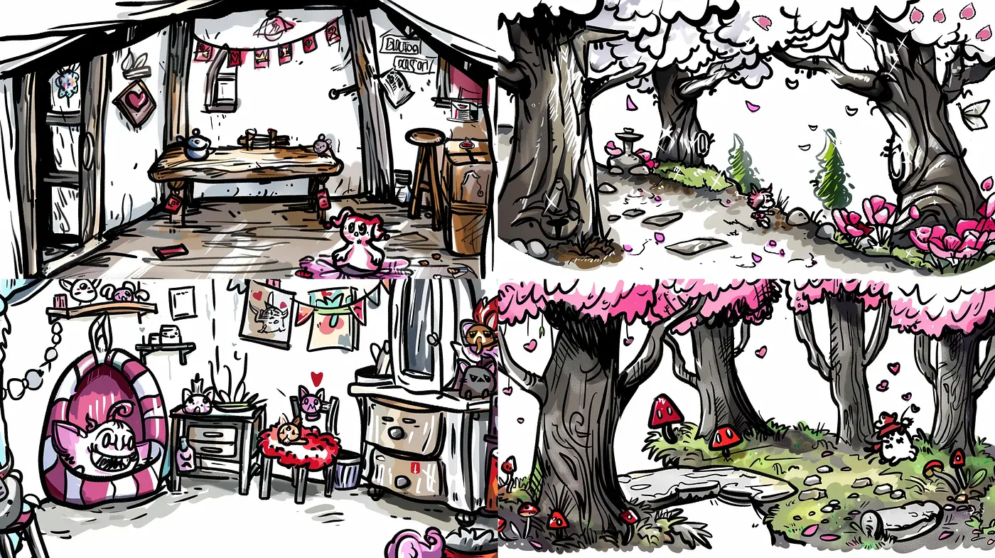 Whimsical Ink Sketches with Pastel Embellishments - Midjourney sref style