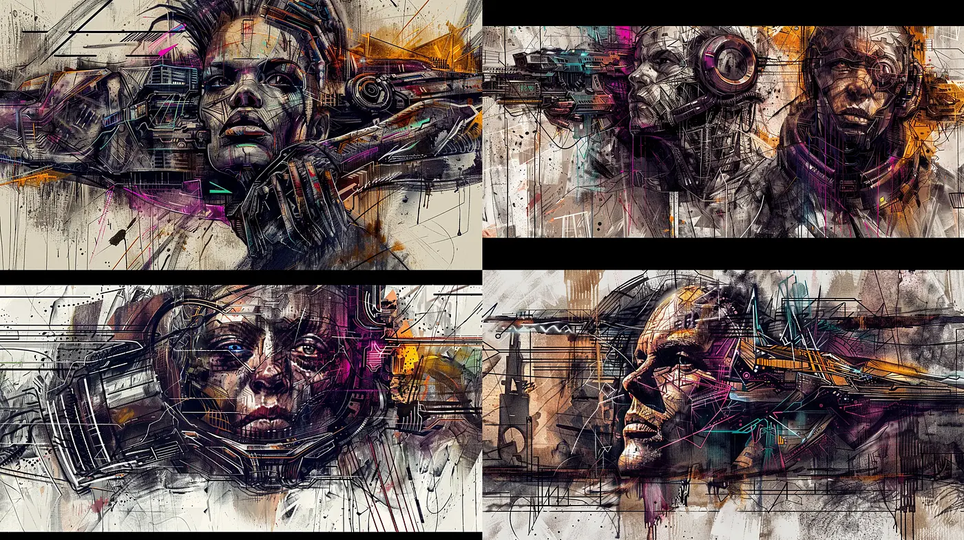 Fragmented Futurism: A Fusion of Cybernetic Chaos and Abstract Expressivity - Midjourney sref style