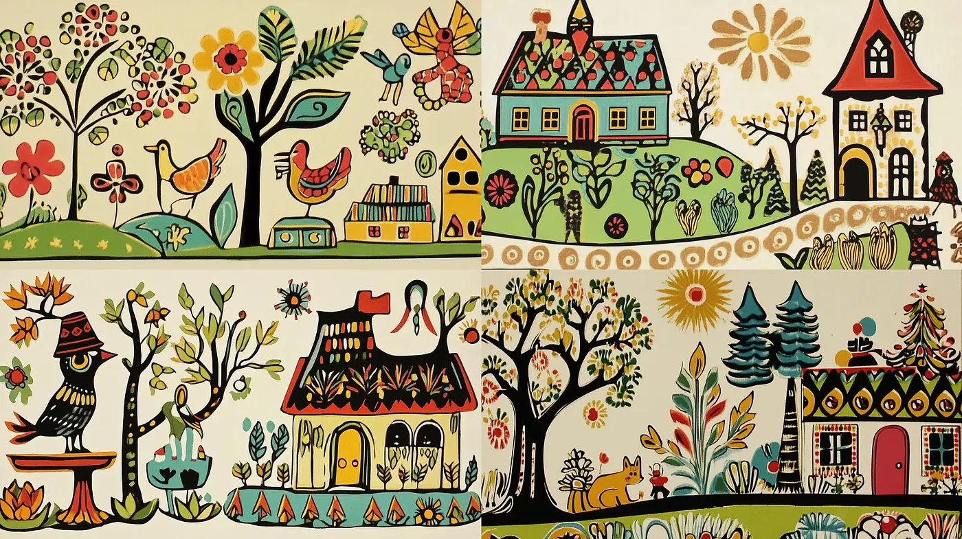 Folk Art Fusion with Pastoral Harmony - Midjourney sref style